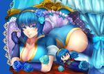  1girl 9tt6 ass bed blue_eyes blue_hair breasts cape cleavage fingerless_gloves fire_emblem fire_emblem:_mystery_of_the_emblem genderswap genderswap_(mtf) gloves hair_ornament hairband large_breasts looking_at_viewer lying marth on_stomach parted_lips short_hair smile stuffed_toy tiara toy 