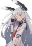  1girl coupon_(skyth) dress fingerless_gloves gloves grey_hair hair_ribbon headgear kantai_collection long_hair murakumo_(kantai_collection) necktie ribbon sailor_collar sailor_dress solo tress_ribbon upper_body very_long_hair white_background yellow_eyes 