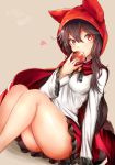  1girl animal_hood apple bare_legs breasts brooch brown_hair cape food fruit heart highres hood houdukixx imaizumi_kagerou jewelry little_red_riding_hood_(grimm) long_hair looking_at_viewer medium_breasts red_eyes red_skirt shirt sitting skirt solo tail touhou white_shirt wolf_tail 