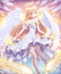  1girl angel angel_wings aqua_eyes bare_shoulders barefoot clouds dress full_body h2o_(dfo) halo highres legband light_brown_hair long_hair looking_at_viewer magic original pink_sky smile solo white_dress white_wings wings 