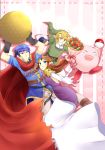  1girl 2boys armor blonde_hair blue_eyes blue_hair blush brown_hair fire_emblem fire_emblem:_souen_no_kiseki headband ike kaidou_mitsuki kirby kirby_(series) link long_hair multiple_boys open_mouth pointy_ears princess_zelda short_hair super_smash_bros. the_legend_of_zelda the_legend_of_zelda:_twilight_princess 