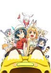  &gt;:d /\/\/\ 6+girls :d animal_ears arm_up black-tailed_prairie_dog_(kemono_friends) black_hair black_legwear blonde_hair bow bowtie brown_hair bucket_hat cat_ears closed_eyes commentary_request common_raccoon_(kemono_friends) elbow_gloves eyebrows_visible_through_hair fennec_(kemono_friends) fox_ears fur_collar gloves grey_hair hat hat_feather head_wings japanese_crested_ibis_(kemono_friends) japari_bus kaban_(kemono_friends) kemono_friends looking_at_another multicolored_hair multiple_girls open_mouth otter_ears prairie_dog_ears raccoon_ears raccoon_tail red_shirt redhead sand_cat_(kemono_friends) serval_(kemono_friends) serval_ears serval_print serval_tail shirt short_hair sidelocks simple_background sitting small-clawed_otter_(kemono_friends) smile tail tomato_(lsj44867) v white_background white_hair white_legwear 