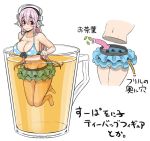  1girl bikini blush breasts cleavage cup drinking_glass glass headphones large_breasts long_hair looking_at_viewer navel nitroplus open_mouth pink_eyes pink_hair smile solo super_sonico swimsuit tea tsuji_santa 