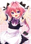  1boy blush braid fate/apocrypha fate_(series) hair_ribbon long_hair looking_at_viewer maid maid_headdress male_focus open_mouth pink_hair ribbon rider_of_black shiho_(acoram) single_braid smile solo trap violet_eyes 