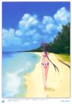  1girl 2011 absurdres arms_behind_back barefoot beach bikini black_hair blue_sky clouds dated day errant from_behind highres k-on! long_hair nakano_azusa ocean outdoors sand sky solo swimsuit tree twintails walking 