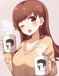  1girl alternate_costume brown_eyes brown_hair collarbone cup earrings grey_background highres holding holding_cup jewelry kantai_collection kapatarou kitakami_(kantai_collection) long_hair long_sleeves mug one_eye_closed ooi_(kantai_collection) open_mouth solo sweater yellow_sweater 
