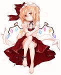  1girl anklet bare_legs barefoot black_ribbon blonde_hair feet flandre_scarlet full_body gotoh510 hat hat_ribbon highres jewelry looking_at_viewer nail_polish neck_ribbon pointy_ears puffy_short_sleeves puffy_sleeves red_eyes red_nails red_ribbon red_skirt ribbon short_sleeves simple_background sitting skirt solo touhou white_background wings 