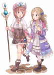  2girls :d atelier_(series) atelier_rorona bangs belt black_boots blonde_hair blue_bow blue_eyes blush boots bow brown_boots brown_hair brown_skirt coat cuderia_von_feuerbach dress eyebrows_visible_through_hair gem hair_bow hand_holding hat high-waist_skirt highres holding holding_staff jewelry leg_up long_hair looking_at_another machikado multiple_girls open_clothes open_coat open_mouth pantyhose parted_bangs pendant rororina_fryxell skirt smile staff two_side_up walking white_background white_dress white_legwear 