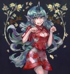  1girl arlmuffin collared_shirt green_eyes green_hair horn komano_aunn long_hair shirt short_sleeves shorts smile tail touhou 