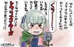  1girl blush clenched_teeth crying gloves grey_hair grimace hair_ornament hiroe_rei meteora_osterreich microphone re:creators short_hair solo speech_bubble teeth translation_request trembling 