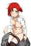 ;) aqua_eyes artist_request blush boots boudica_(fate/grand_order) breasts cleavage fate/grand_order fate_(series) from_above highres large_breasts long_sleeves looking_at_viewer midriff multi-strapped_panties navel o-ring_panties one_eye_closed redhead short_hair short_ponytail simple_background sitting skindentation smile thigh-highs thigh_boots thigh_strap white_background white_legwear 