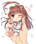  1girl ;o ahoge animal_ears bangs bare_legs barefoot bear_ears blunt_bangs blush brown_eyes brown_hair buttons chibi commentary_request eyebrows_visible_through_hair fingernails full_body hands heart heart_ahoge holding huge_ahoge kantai_collection kemonomimi_mode kuma_(kantai_collection) long_hair looking_at_viewer minigirl motion_lines navel neckerchief one_eye_closed open_mouth red_neckerchief school_uniform serafuku short_sleeves shorts simple_background stomach tareme very_long_hair white_background white_shorts yukina_(black0312) 
