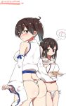  2girls adapted_costume akagi_(kantai_collection) alternate_costume arms_at_sides ass asymmetrical_hair blush brown_eyes brown_hair commentary_request detached_sleeves embarrassed from_behind fundoshi highres japanese_clothes kaga_(kantai_collection) kantai_collection long_hair looking_at_viewer looking_back mitsudoue multiple_girls nontraditional_miko ribbon-trimmed_sleeves ribbon_trim shirt short_hair side_ponytail sleeveless sleeveless_shirt 