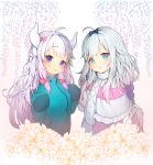  2girls blue_eyes bow cosplay costume_switch crossover dragon_girl dragon_horns eromanga_sensei hair_bow highres horns izumi_sagiri izumi_sagiri_(cosplay) jacket kanna_kamui kanna_kamui_(cosplay) kobayashi-san_chi_no_maidragon lavender_hair long_hair look-alike looking_at_viewer multiple_girls pink_bow sleeves_past_wrists tp_(kido_94) violet_eyes white_hair 