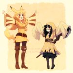  2girls belt black_hair blonde_hair boots creatures_(company) dav-19 deviantart game_freak hood humanization long_sleeves mask mimikyu moemon multiple_girls nintendo open_mouth outstretched_arms pantyhose pikachu pokemon pokemon_rgby pokemon_sm skirt smile thigh-highs thigh_boots tumblr wide_sleeves 