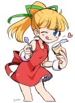  1girl artist_request bangs blonde_hair blue_eyes blush bow dress food hair_bow hair_ribbon heart one_eye_closed ponytail pudding red_dress ribbon rockman rockman_(classic) roll solo spoon tongue tongue_out 