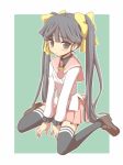  1girl akatsuki_(log_horizon) between_legs blue_eyes blue_hair bow hand_between_legs hands_on_ground log_horizon long_hair long_sleeves necktie nitsu_makura school_uniform simple_background sitting sitting_on_ground skirt thigh-highs twintails yellow_bow zettai_ryouiki 