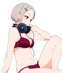  1girl akg blush bra breasts cleavage closed_mouth forehead grey_hair hair_ornament hairclip hand_on_headphones hand_up headphones headphones_around_neck looking_to_the_side medium_breasts navel original panties product_placement purple_bra purple_panties pursed_lips short_hair sidelocks simple_background solo solvalou thighs underwear underwear_only violet_eyes white_background 