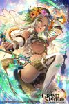  1girl :d black_shorts breasts copyright_name dark_skin dual_wielding fairy_wings flower grand_sphere green_eyes hair_flower hair_ornament hair_tubes knife long_hair midriff mito_itsuki o-ring open_mouth outdoors shorts small_breasts smile solo thigh-highs tower under_boob watermark white_hair white_legwear wings 