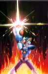  1boy android arm_cannon arm_support armor firing gem green_eyes helmet highres open_mouth rockman rockman_x weapon x_(rockman) yuriyuri_(ccc) 