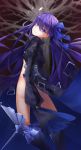  1girl ass blue_eyes bow dutch_angle eyebrows_visible_through_hair fate/extra fate/extra_ccc fate/grand_order fate_(series) flat_chest hair_bow hair_ribbon highres legs light_smile long_hair long_sleeves looking_at_viewer looking_back meltlilith nekodayo22 no_panties purple_hair revealing_clothes ribbon signature smile solo thighs very_long_hair 