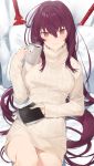  1girl beige_sweater blush book breasts coffee_mug eyebrows_visible_through_hair fate/grand_order fate_(series) gae_bolg hair_between_eyes hayashi_kewi long_hair looking_at_viewer medium_breasts on_bed pillow polearm purple_hair red_eyes ribbed_sweater scathach_(fate/grand_order) smile solo spear sweater turtleneck turtleneck_sweater weapon 