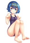  1girl :o bare_arms bare_legs barefoot blue_eyes blue_hair blush collarbone eyebrows_visible_through_hair feet full_body hair_between_eyes hairband highres looking_at_viewer one-piece_swimsuit pokemon pokemon_(game) pokemon_sm school_swimsuit short_hair simple_background sitting snowcanvas solo suiren_(pokemon) swimsuit toes trial_captain white_background 