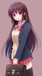  1girl bag black_hair hair_ornament hyuuga_takashi jacket long_hair looking_at_viewer matsumi_kuro open_mouth saki saki_achiga-hen school_uniform simple_background smile solo thigh-highs 