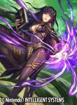  1girl bodysuit book bracelet breasts cape cleavage company_name copyright fire_emblem fire_emblem:_kakusei fire_emblem_cipher furikawa_arika jewelry large_breasts long_hair looking_at_viewer magic nintendo purple_hair sandals solo tharja thigh_strap tiara two_side_up violet_eyes 