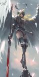 1girl angel blonde_hair blood bloody_weapon breastplate feathered_wings gauntlets ghostblade glaive greaves halo helmet highres lips long_hair nose on_pole original red_eyes solo standing standing_on_one_leg striped striped_legwear thigh-highs tiptoes vertical-striped_legwear vertical_stripes weapon wings wlop 
