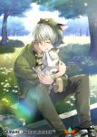  1boy animal_hat ayto brown_pants butterfly cat cat_food cat_hat closed_eyes copyright_name day flower grass green_hat green_jacket hat holding_cat jacket lens_flare official_art outdoors pants pin qurare_magic_library shoes sitting sneakers solo sunlight tree watch white_hair 