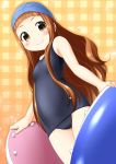  1girl ayatank blue_swimsuit brown_eyes brown_hair cowboy_shot flat_chest from_below ichihara_nina idolmaster idolmaster_cinderella_girls long_hair looking_at_viewer old_school_swimsuit school_swimsuit shark_costume smile solo standing swim_cap swimsuit 