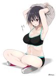  1girl absurdres amu_(258shin) black_hair blush boyshorts breasts highres indian_style large_breasts original red_eyes shoes short_hair sitting sneakers solo sports_bra sweatdrop tomboy translation_request underwear undressing white_background 