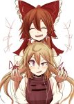  +++ 2girls :d ^_^ blonde_hair blush bow brown_hair closed_eyes eyebrows fang hair_tubes hakurei_reimu happy large_bow laughing mole mole_under_eye multiple_girls ne_kuro no_hat no_headwear open_mouth playing_with_another&#039;s_hair smile tabard teeth thick_eyebrows touhou uneven_eyes violet_eyes yakumo_yukari 