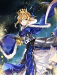  1girl armor blonde_hair cape crown dr_poapo excalibur fate/stay_night fate_(series) gauntlets green_eyes highres holding holding_sword holding_weapon looking_at_viewer rain saber solo sword weapon 