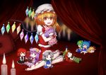  1girl :d bangs barefoot bat_wings bed beret blunt_bangs blush bow braid candle candlelight canopy_bed character_doll chinese_clothes cirno crescent crystal daiyousei dress eyebrows_visible_through_hair fang flandre_scarlet frilled_skirt frills full_body green_bow hair_bow hat head_wings hong_meiling indoors izayoi_sakuya jitome knifed koakuma looking_at_viewer maid maid_headdress mob_cap nail_polish open_mouth orange_hair patchouli_knowledge pillow pointy_ears puffy_short_sleeves puffy_sleeves red_eyes red_nails red_skirt red_vest remilia_scarlet rumia short_sleeves side_ponytail sitting skirt smile solo touhou twin_braids vermeith vest wings wrist_cuffs yokozuwari 