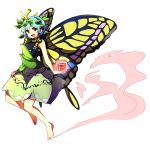  1girl antennae baba_(baba_seimaijo) bangs bare_arms barefoot blue_hair brown_eyes butterfly_wings dress eternity_larva full_body green_dress hair_between_eyes hair_ornament highres leaf leaf_hair_ornament leaf_on_head looking_at_viewer open_mouth power-up short_hair smile solo touhou transparent_background wings 