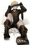  1boy belt black_boots blindfold blonde_hair blue_eyes boots choker commentary_request curly_hair feet full_body gloves leather looking_at_viewer nier_(series) nier_automata nozaki_tsubata pov_feet short_hair simple_background sitting smile socks solo 