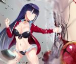  1girl bangs bikini black_bikini blood blue_eyes breasts choker cleavage clenched_hands closed_mouth commentary_request cross demon_pillar_(fate/grand_order) earrings fate/grand_order fate_(series) foreshortening gluteal_fold groin highres i.f.s.f jacket jewelry large_breasts long_hair motion_blur navel punching purple_hair red_jacket rubble saint_martha saint_martha_(swimsuit_ruler)_(fate) speed_lines swimsuit torn_clothes torn_jacket track_jacket twitter_username 