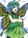  1girl blue_hair butterfly_wings commentary_request cowboy_shot crossed_arms etarnity_larva facial_tattoo fangs hidden_star_in_four_seasons horns leaf_wreath looking_at_viewer one_eye_closed open_mouth ryuuichi_(f_dragon) shadow shirt short_hair skirt sleeveless sleeveless_shirt smile solo tattoo touhou violet_eyes wings 