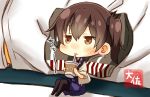  1girl artist_name black_legwear blue_hakama brown_eyes brown_hair drinking hakama highres japanese_clothes kaga_(kantai_collection) kantai_collection minigirl nontraditional_miko short_hair short_sleeves side_ponytail solo taisa_(kari) tasuki thigh-highs 