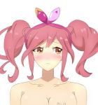  1girl blush bow breasts commentary commentary_request hair_bow large_breasts macross makina_nakajima nude orange_eyes pink_hair risuru twintails 