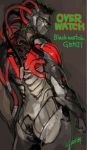  1boy alternate_costume armor black_hair blackwatch_genji character_name copyright_name cyborg dark_background from_behind genji_(overwatch) highres looking_at_viewer male_focus mask muscle ninja overwatch red_eyes signature solo spiky_hair yamada_uiro 