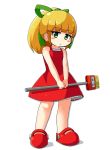  1girl bangs bare_arms bare_shoulders blonde_hair blunt_bangs blush_stickers broom dress eyebrows_visible_through_hair flat_chest frilled_dress frills full_body green_eyes green_ribbon hair_ribbon highres holding holding_broom korutana long_hair looking_at_viewer no_legwear parted_lips ponytail red_dress red_shoes ribbon rockman rockman_(classic) roll shadow shoes sidelocks simple_background solo standing white_background 