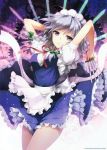  1girl absurdres an2a apron bow braid frills grey_hair hair_bow hair_ornament highres izayoi_sakuya knife looking_at_viewer maid_headdress open_mouth puffy_sleeves ribbon scan short_hair short_sleeves solo touhou twin_braids violet_eyes wind wind_lift 