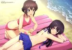  2girls absurdres ass bare_shoulders barefoot beach bikini bikini_shorts bikini_skirt black_hair black_ribbon blue_bikini blush breasts brown_eyes brown_hair day embarrassed etou_kanami eyebrows_visible_through_hair hair_between_eyes hair_ribbon highres juujou_hiyori kneeling kneepits long_hair looking_at_another lotion lying magazine_scan medium_breasts megami mizuno_takahiro_(artist) multiple_girls official_art on_stomach open_mouth outdoors pink_bikini red_eyes ribbon round_teeth sand scan short_hair shorts shoulder_blades smile sunscreen swimsuit teeth toji_no_miko tongue untied untied_bikini water 