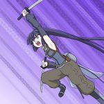  akatsuki_(log_horizon) angry armpits baggy_pants blue_eyes blue_hair detached_sleeves dodo_(yad-ddi) dual_wielding eyebrows_visible_through_hair high_boots highres holding holding_weapon jumping katana log_horizon long_hair long_ponytail pants ponytail shouting stretched_limb sword tight_top weapon 