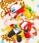  1boy 1girl android armor blonde_hair blue_eyes bow commentary_request dress gem gloves hair_ribbon hug joints long_hair looking_at_another one_eye_closed open_mouth ponytail red_dress ribbon rockman rockman_(classic) rockman_x roll smile tatsunoko_vs_capcom white_gloves yuriyuri_(ccc) zero_(rockman) 