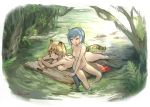  &gt;:d 2girls :d ^_^ blonde_hair blue_hair blush breasts closed_eyes closed_mouth collarbone full_body ibityuttyu jaguar_(kemono_friends) jaguar_ears jaguar_tail kemono_friends large_breasts lying multiple_girls no_nipples nude on_stomach open_mouth otter_ears otter_tail short_hair sitting sketch small-clawed_otter_(kemono_friends) small_breasts smile sweatdrop tree twitter_username water 