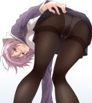  1girl ass bent_over blush breasts fate/grand_order fate_(series) hand_on_own_ass hood hoodie legs panties panties_under_pantyhose pantyhose pantylines pleated_skirt purple_hair shielder_(fate/grand_order) short_hair shunichi simple_background skirt solo thighs underwear violet_eyes wavy_mouth white_background 